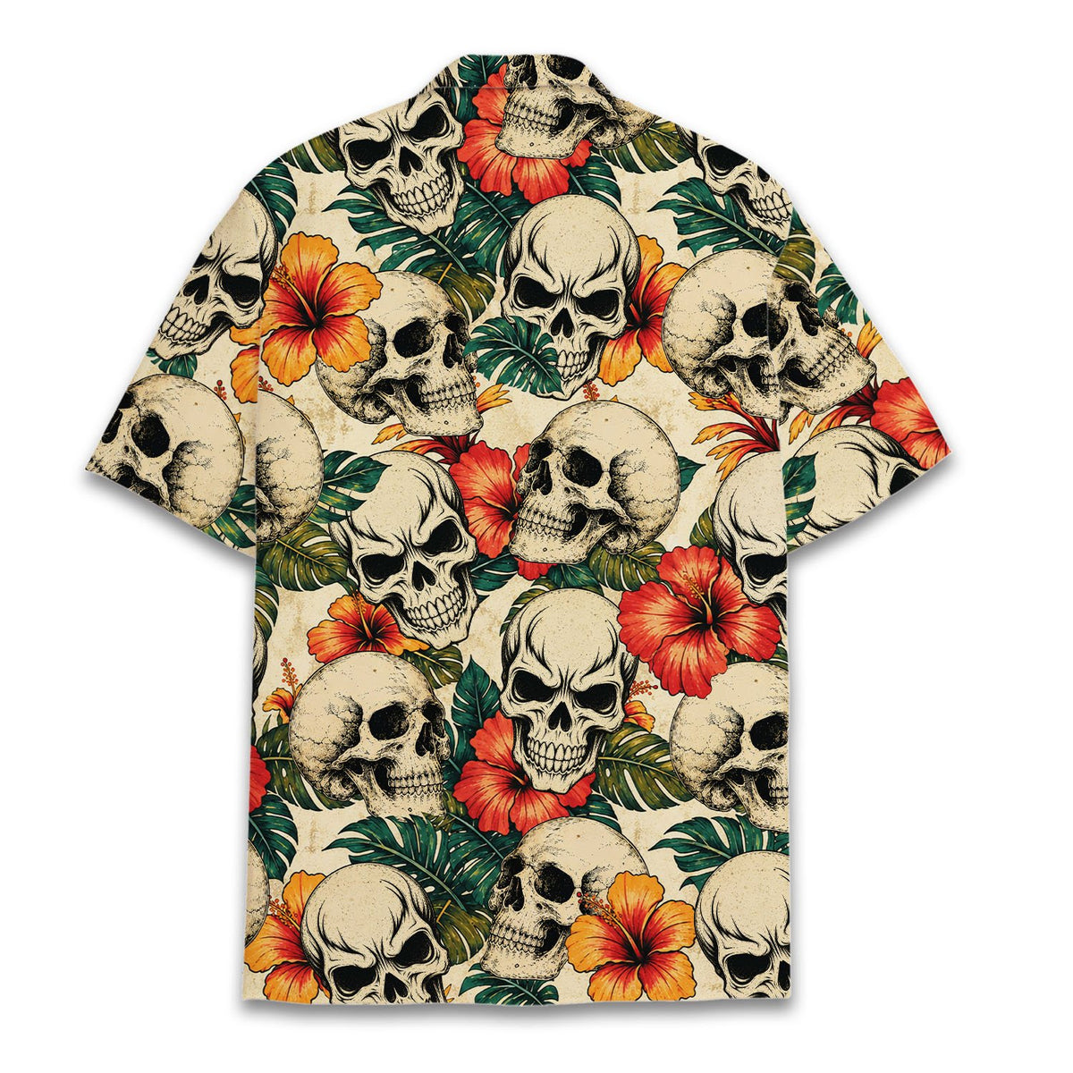 Back view of the skull floral hawaiian shirt showing the all-over print