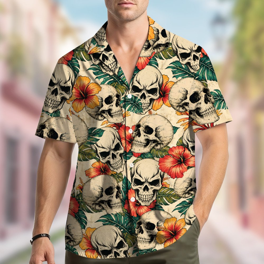 Front view detail of the matching family hawaiian shirt with skull and floral print