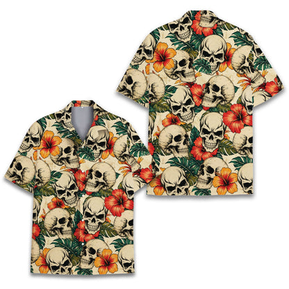 Another front view of the matching family hawaiian shirt displaying the beige, orange, and green colors