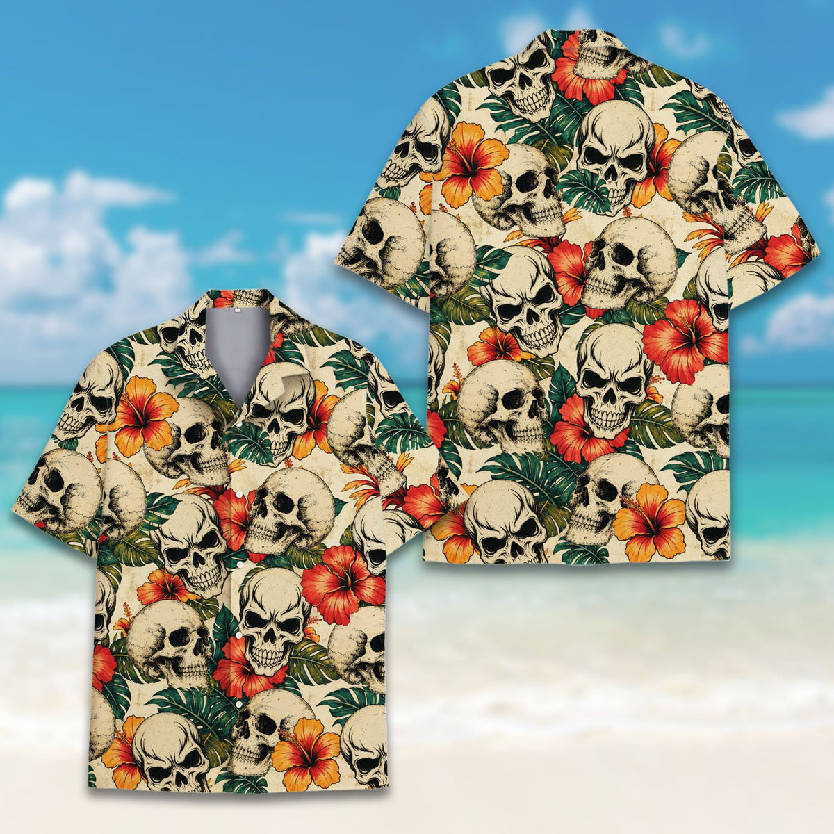 Close up front view of the skull floral hawaiian shirt for matching family outfits