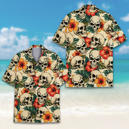 Close up front view of the skull floral hawaiian shirt for matching family outfits