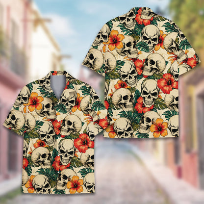 Front angle of the beige skull floral hawaiian shirt