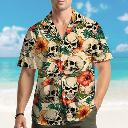 Front view of the matching family hawaiian shirt in a tropical skull floral pattern