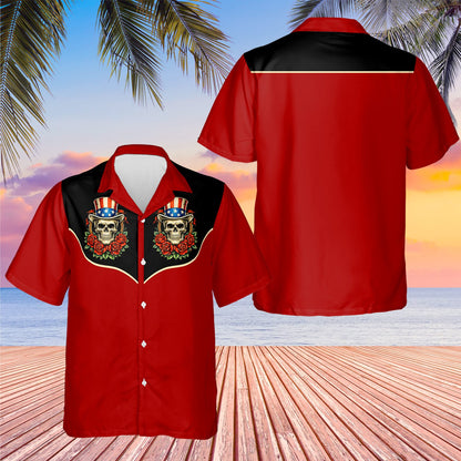 Close-up front view of the Uncle Sam skull and rose design on the chest panel.
