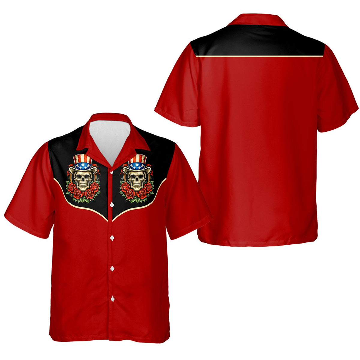Front view of the red and black patriotic skull hawaiian shirt.