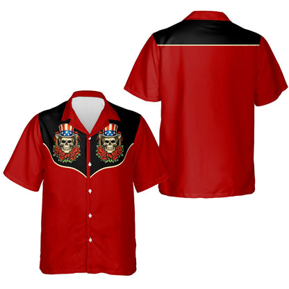 Front view of the red and black patriotic skull hawaiian shirt.
