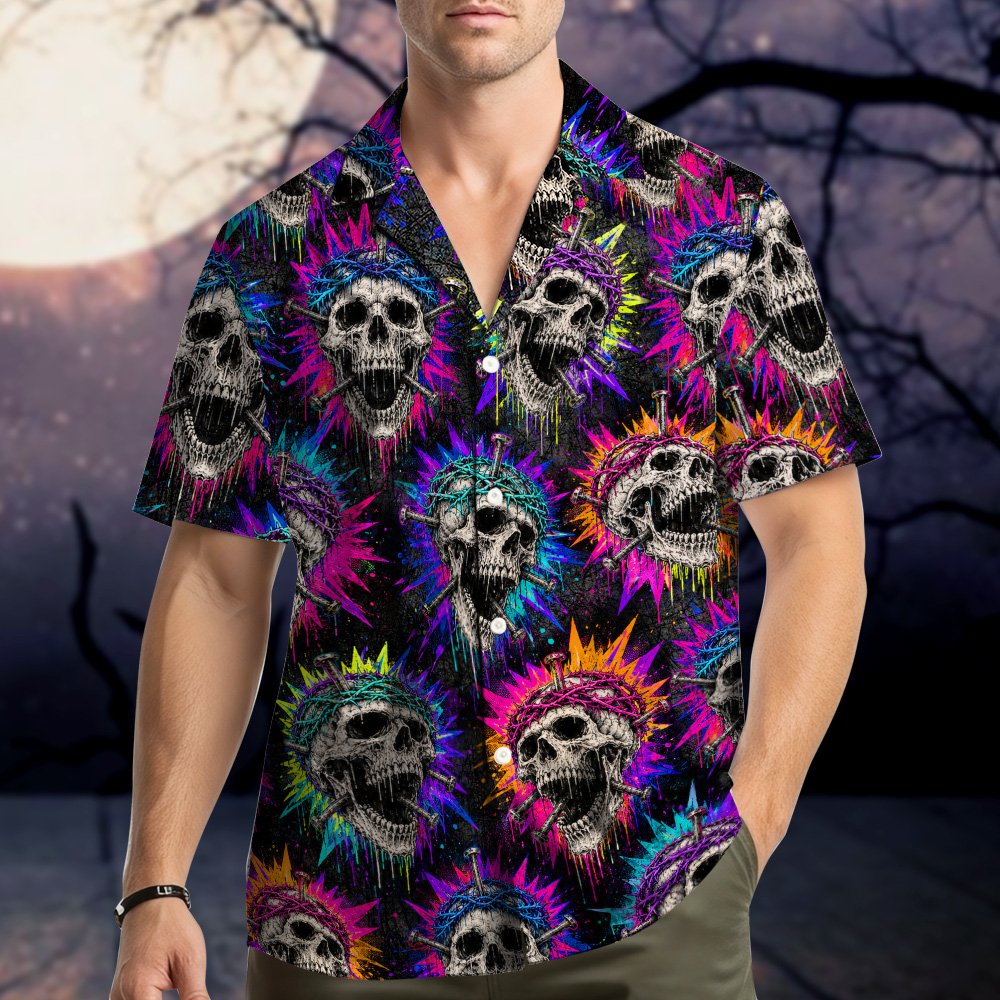 Back angle view of the colorful paint splatter hawaiian skull shirt