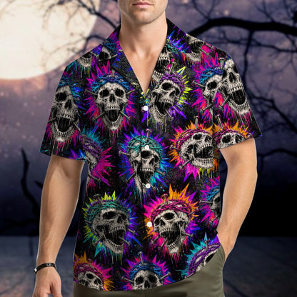 Back angle view of the colorful paint splatter hawaiian skull shirt