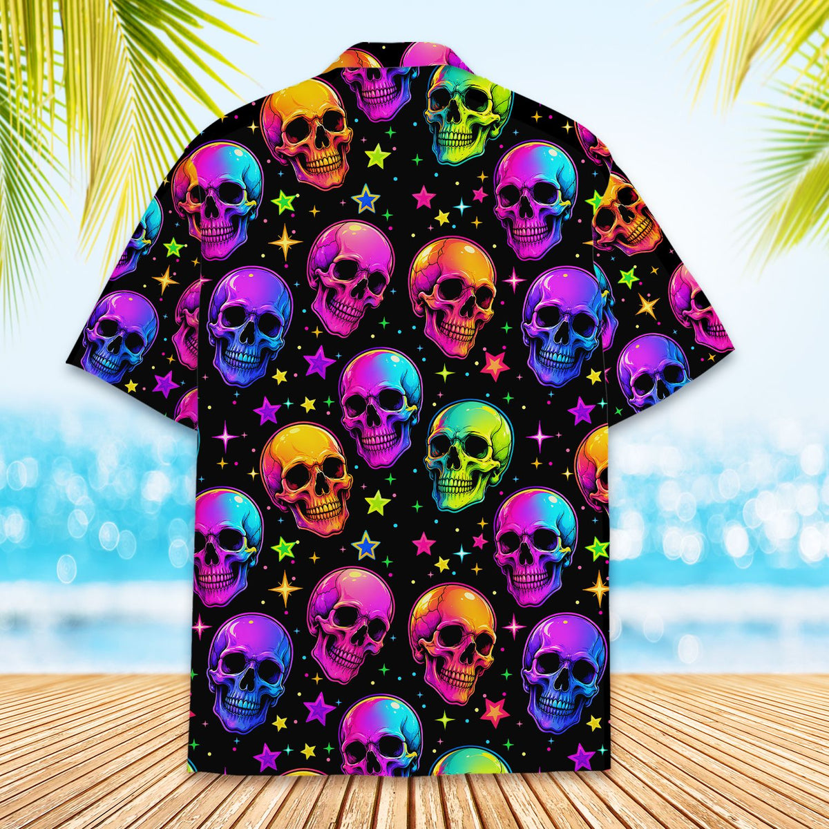 Detailed back view showing the vivid neon skull and stars pattern