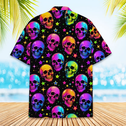 Detailed back view showing the vivid neon skull and stars pattern