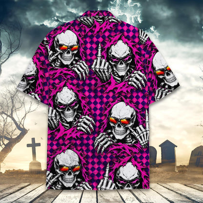 Back view of the skull hawaiian shirt showing the bold pink and purple pattern