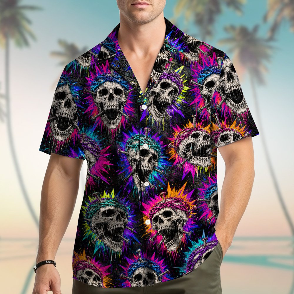 Back view of the black matching family hawaiian shirt with skull design