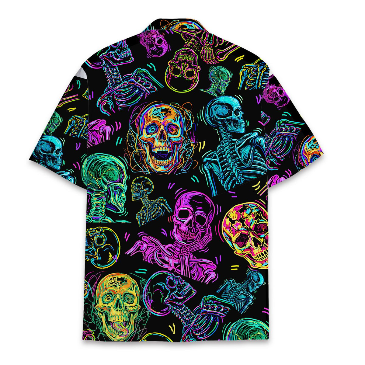 Back view of the neon skull hawaiian shirt