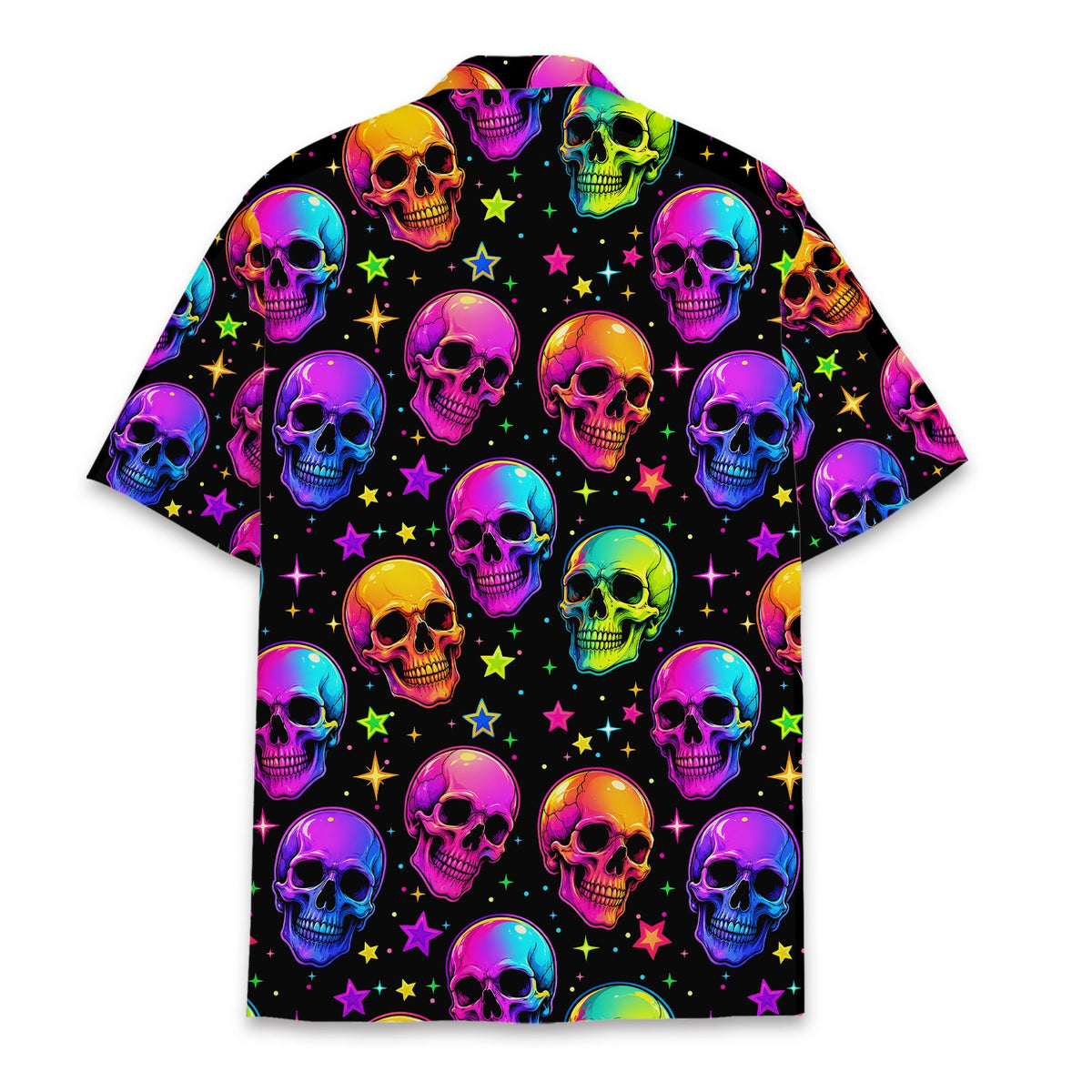 Back view of the multicolor skull hawaiian shirt