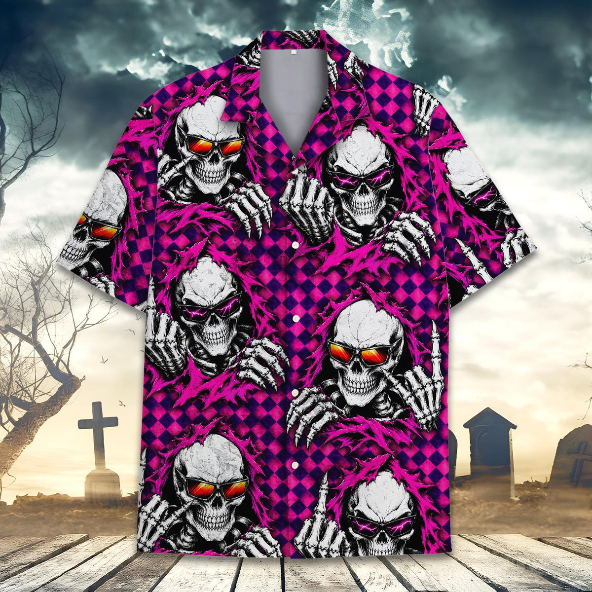 Secondary front view of the checkered pink skull hawaiian shirt