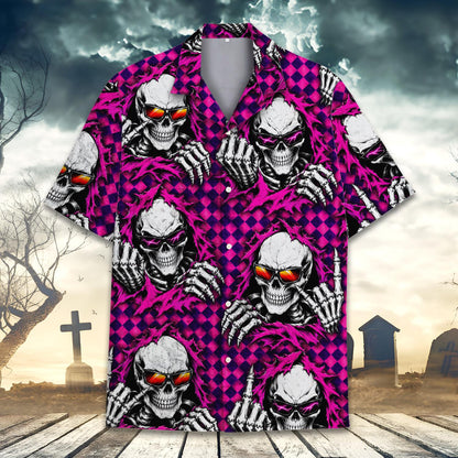 Secondary front view of the checkered pink skull hawaiian shirt