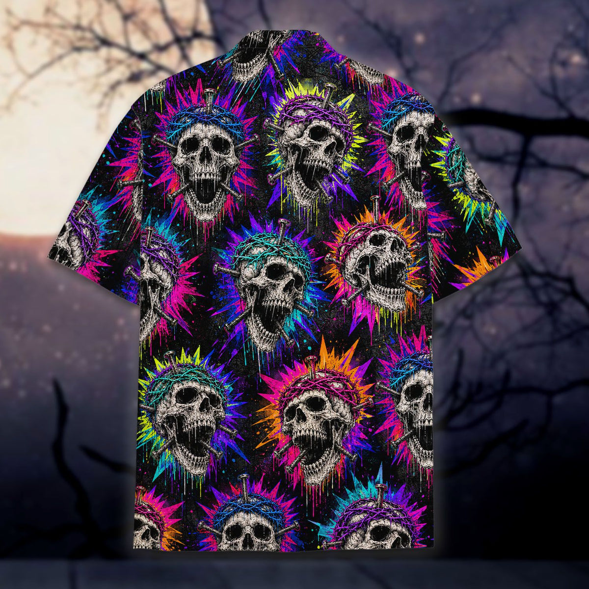 Close up front view of the abstract hawaiian skull shirt details