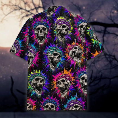 Close up front view of the abstract hawaiian skull shirt details
