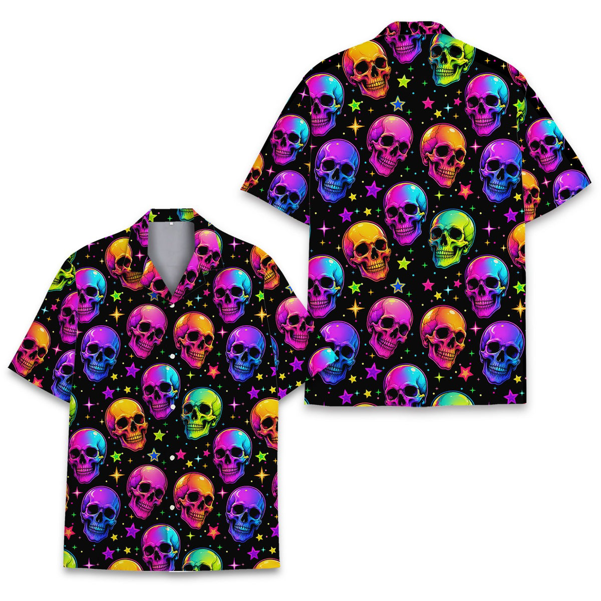 Detailed front view of the neon skull pattern on a black background hawaiian shirt