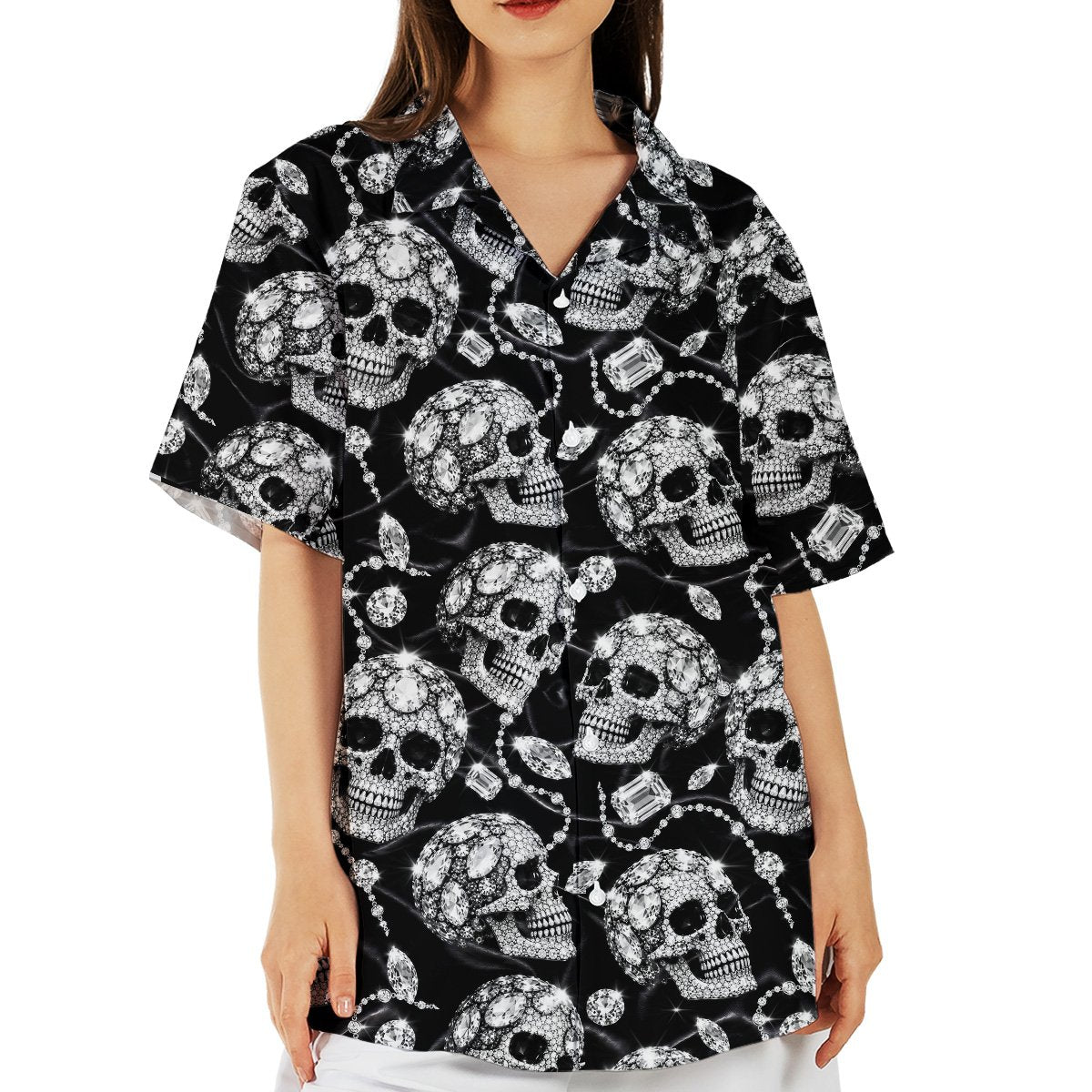 Close-up front view of the rhinestone skull print hawaiian shirt