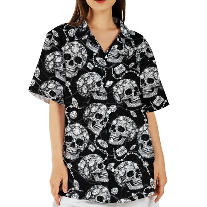 Close-up front view of the rhinestone skull print hawaiian shirt
