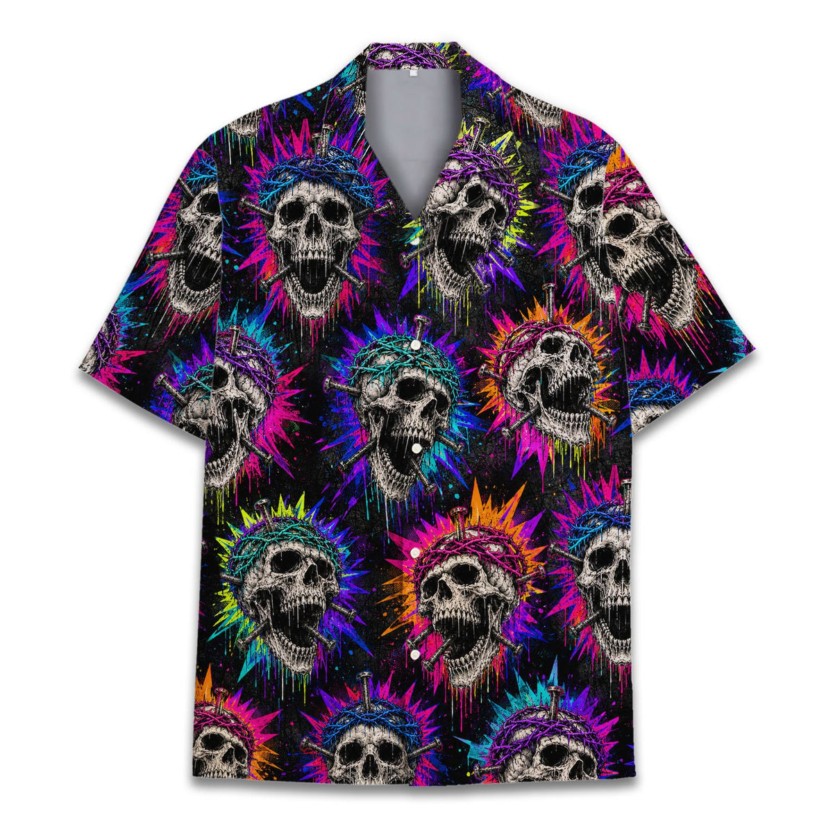 Another close up of the front of the hawaiian skull shirt