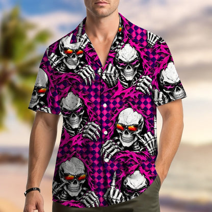Pink skull hawaiian shirt with checkered background, main view