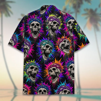 Front view of the black hawaiian skull shirt with colorful paint splatters