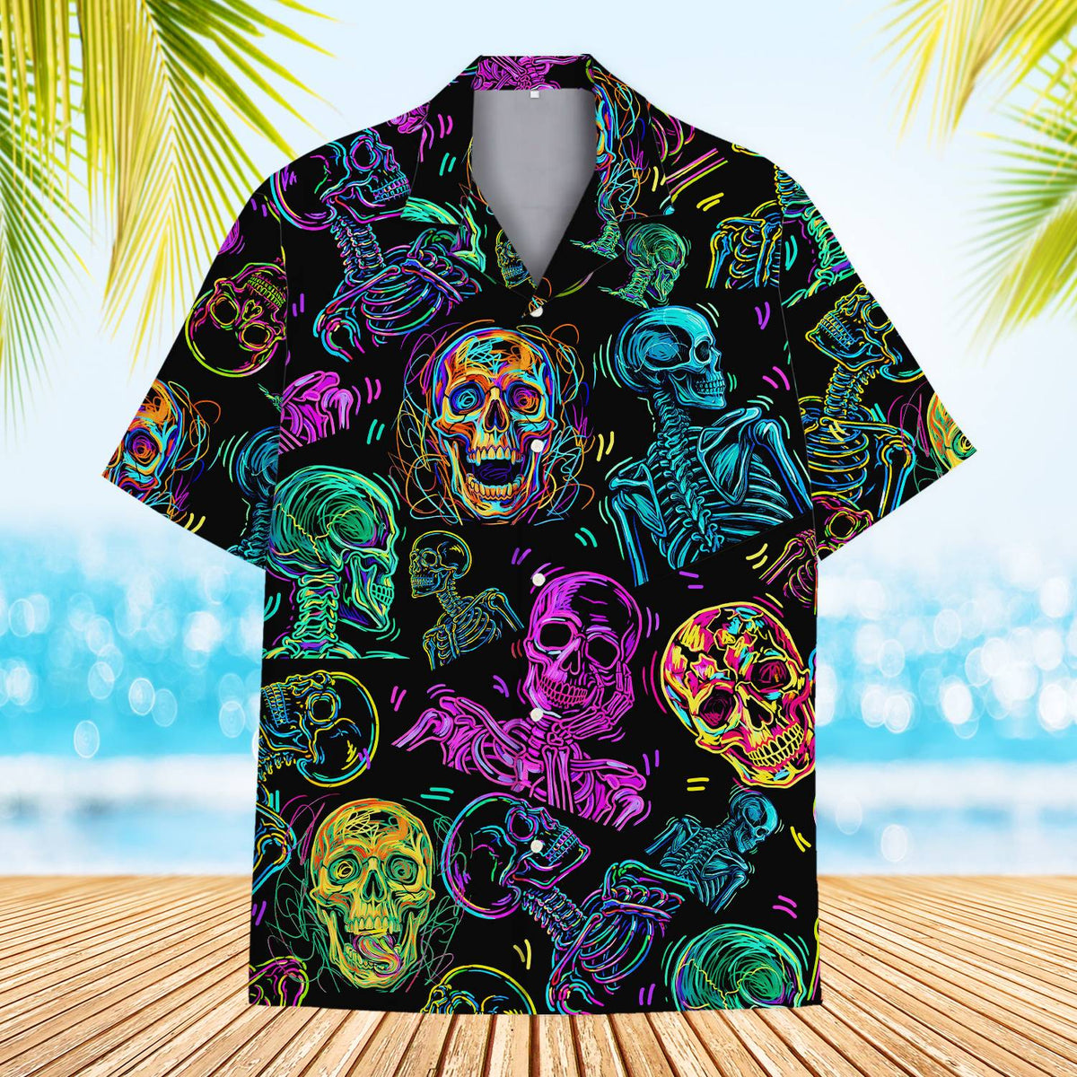 Front view of the neon skull hawaiian shirt