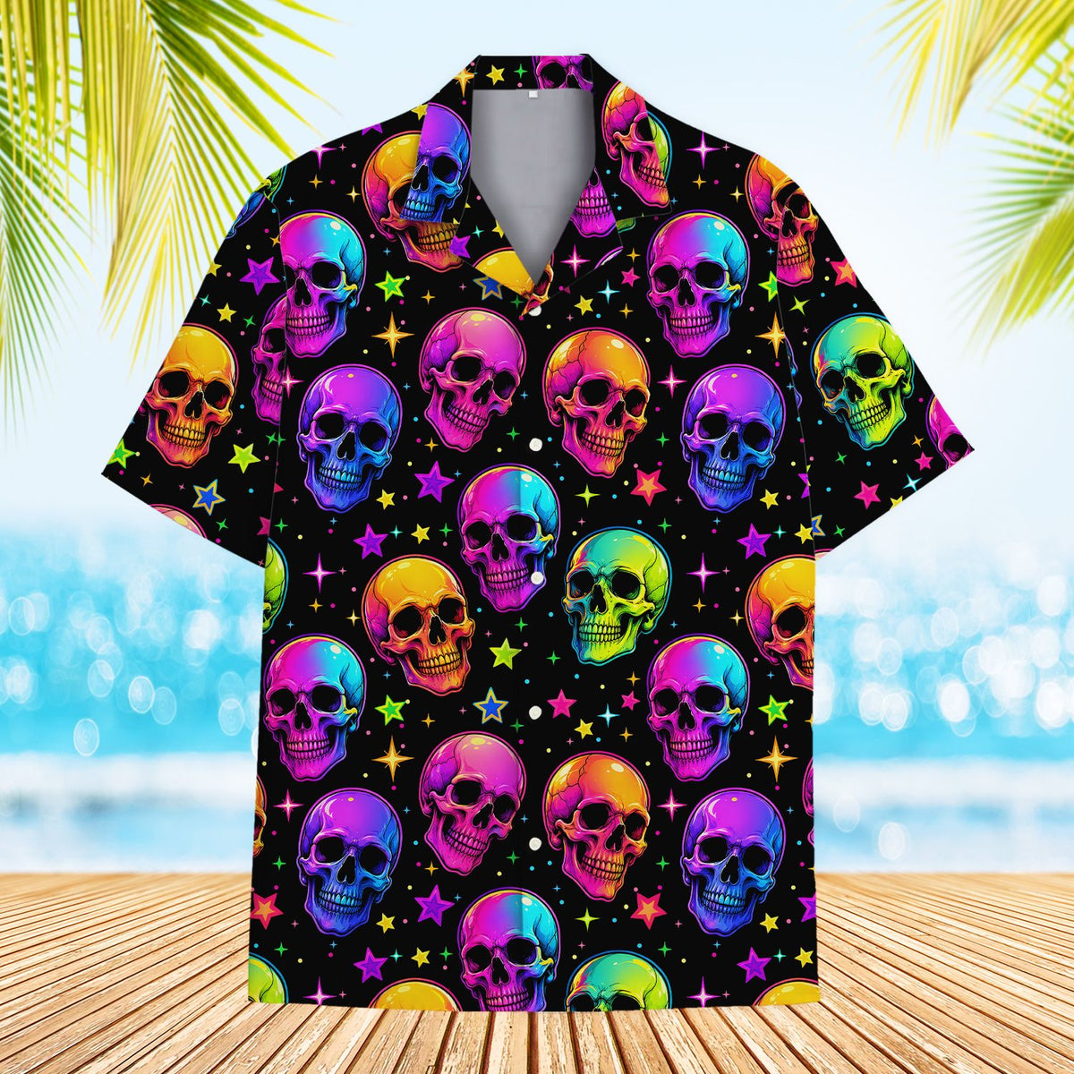 Front view of the vibrant skull hawaiian shirt for families