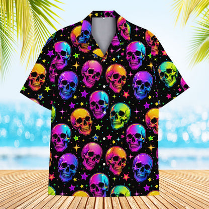 Main view of the matching family skull hawaiian shirt featuring neon multicolor skulls on black