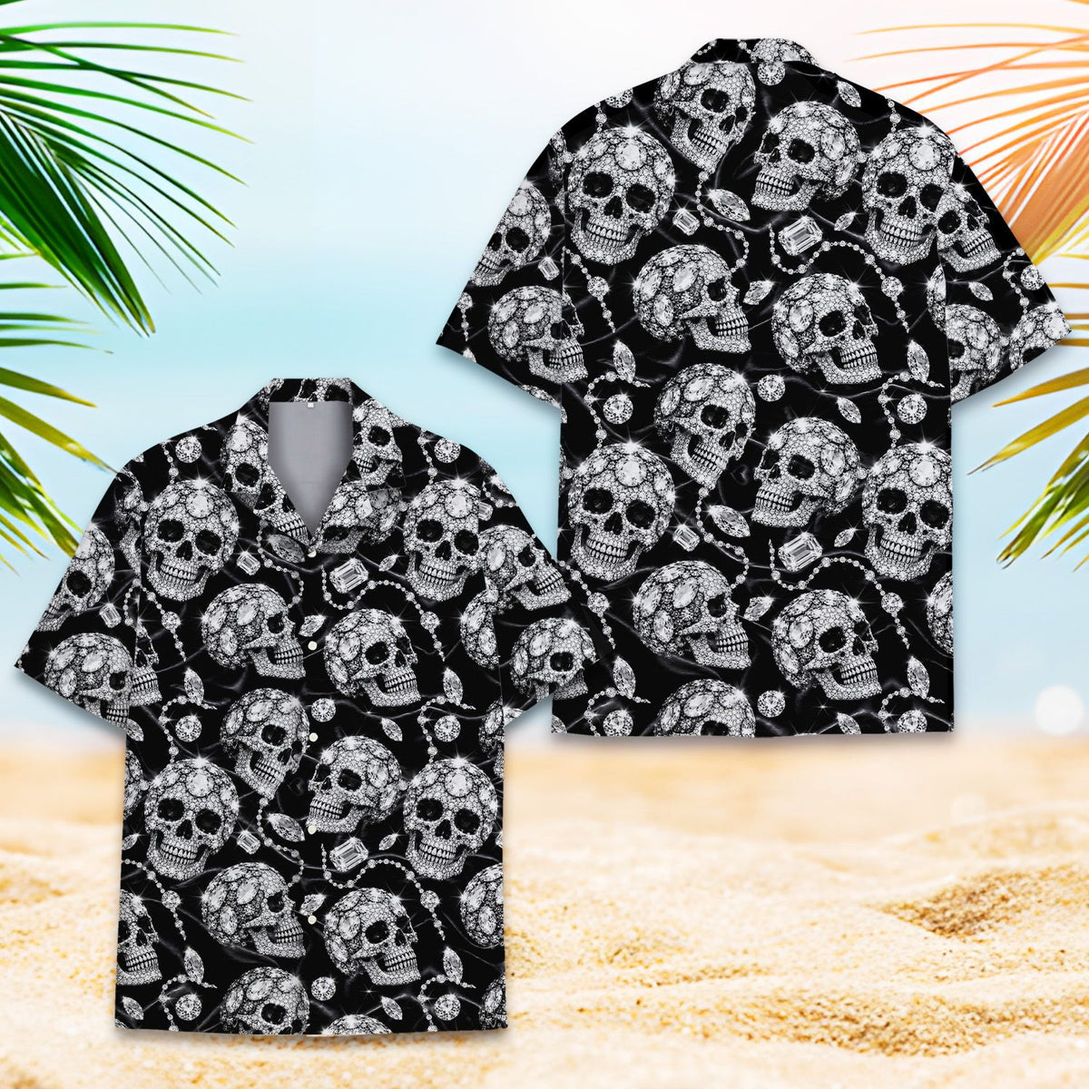 Matching family skull hawaiian shirt with rhinestone skull and chain print, main view