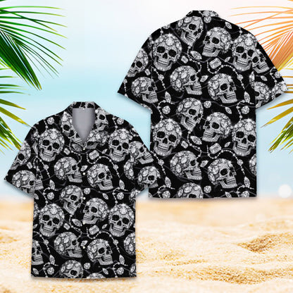 Matching family skull hawaiian shirt with rhinestone skull and chain print, main view