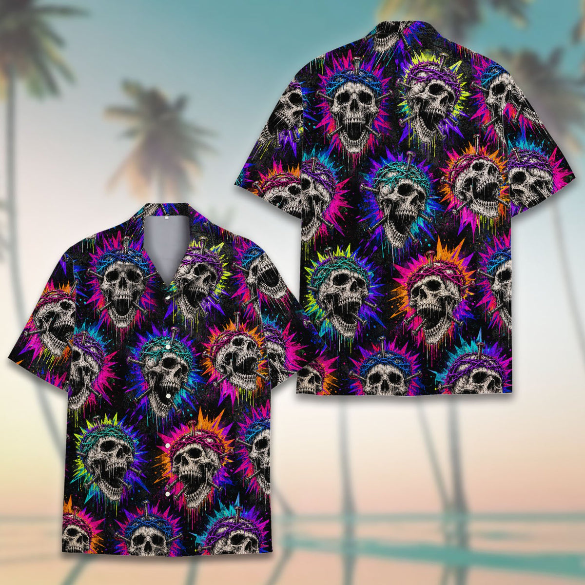 Second lifestyle shot of the hawaiian skull shirt outdoors