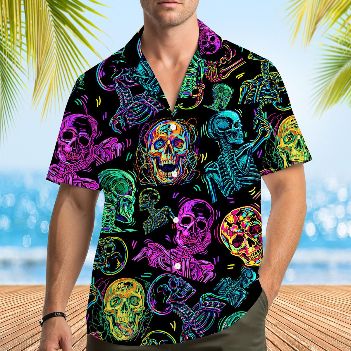 Second lifestyle image of someone wearing the neon skull hawaiian shirt