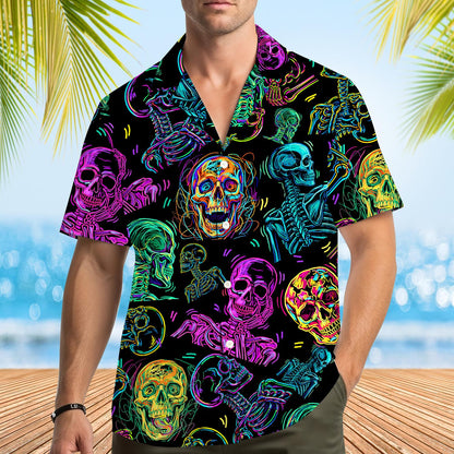 Second lifestyle image of someone wearing the neon skull hawaiian shirt