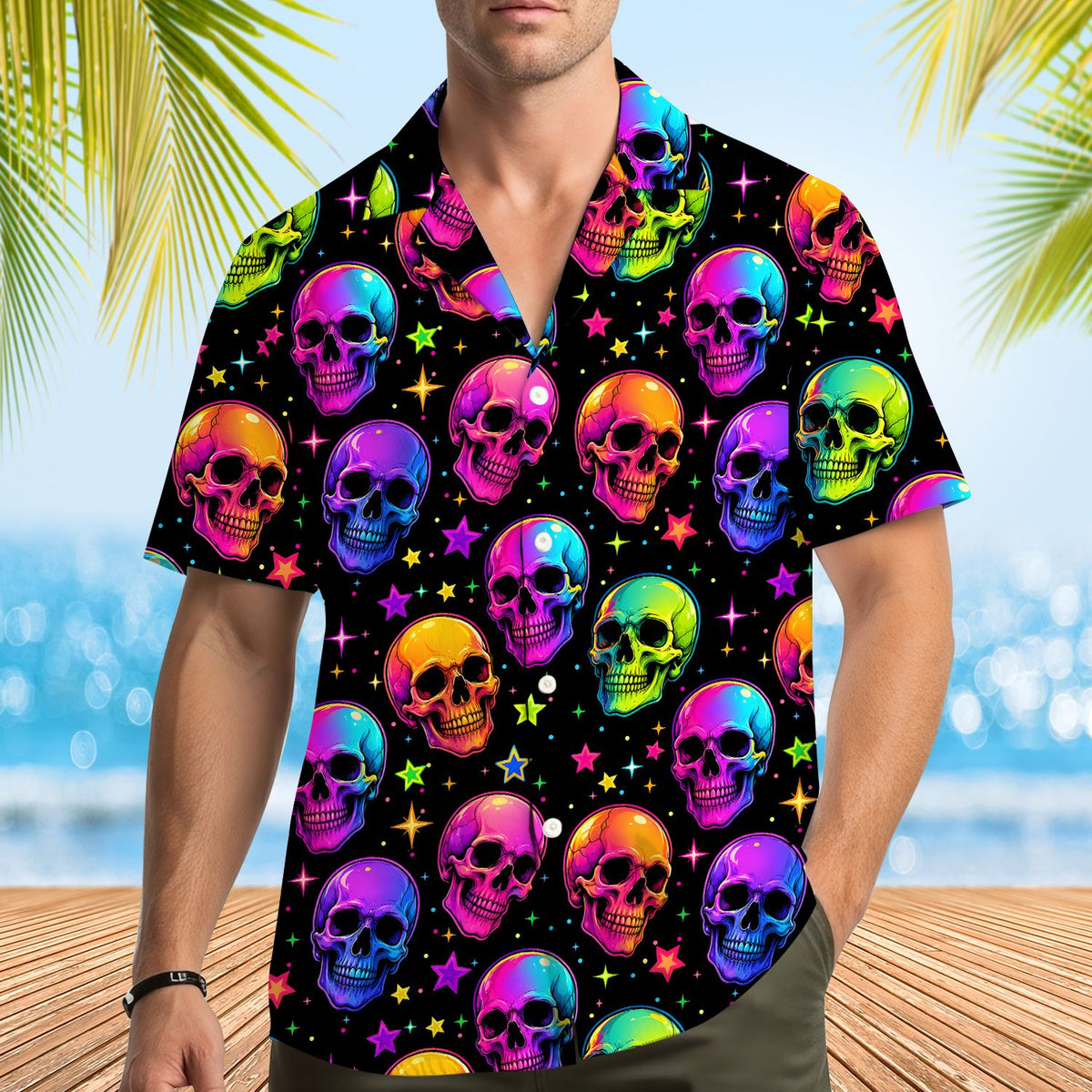 Another lifestyle view showing the skull hawaiian shirt on a model
