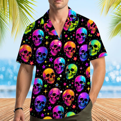 Another lifestyle view showing the skull hawaiian shirt on a model