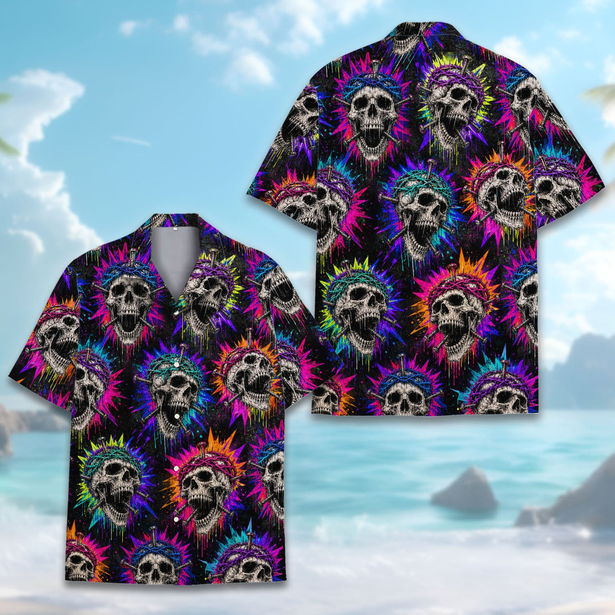 Third lifestyle image showcasing the vibrant hawaiian skull shirt fit