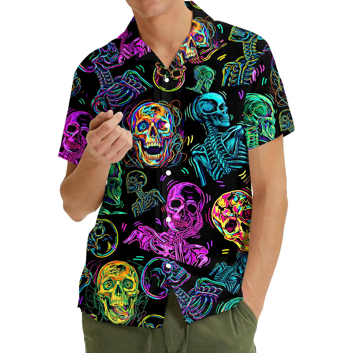 Third lifestyle image of someone wearing the neon skull hawaiian shirt
