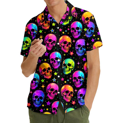 Model wearing the colorful skull hawaiian shirt for a festive look