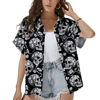 Third lifestyle view demonstrating the fit of the skull hawaiian shirt