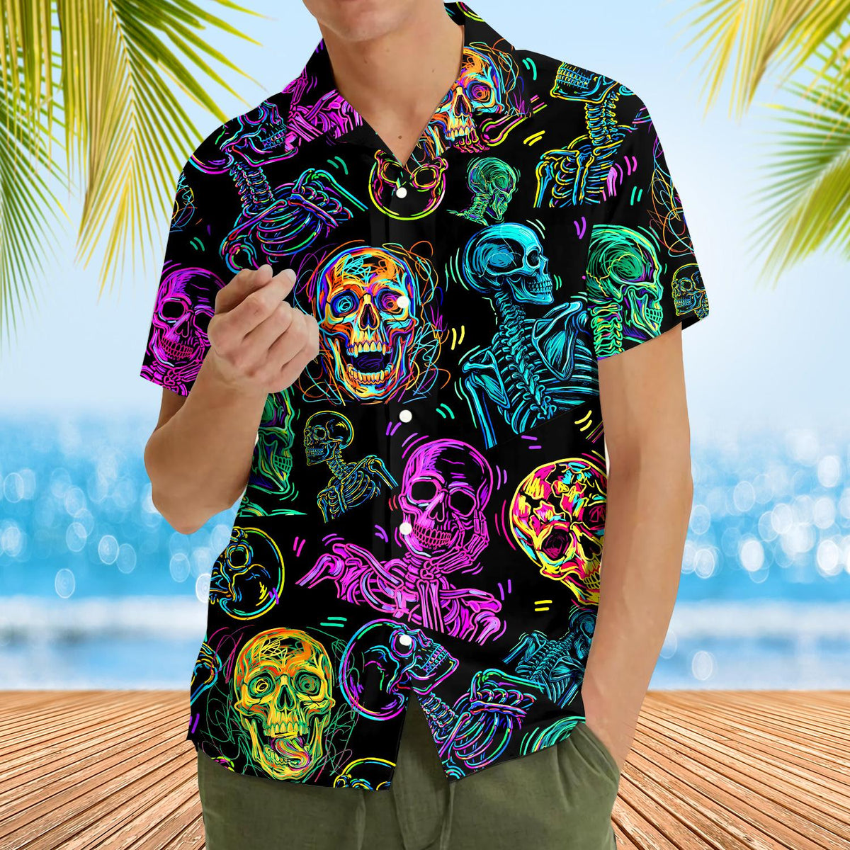 Fourth lifestyle image of someone wearing the neon skull hawaiian shirt
