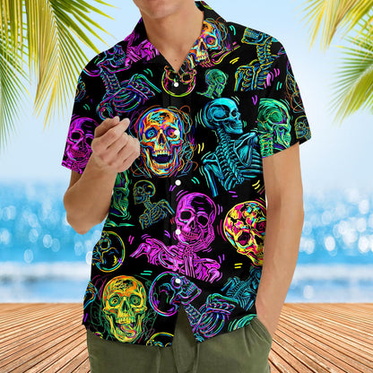 Fourth lifestyle image of someone wearing the neon skull hawaiian shirt
