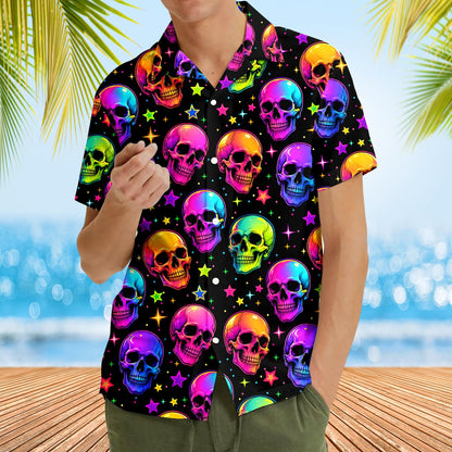 Lifestyle shot of the matching family hawaiian shirts with bright skull print