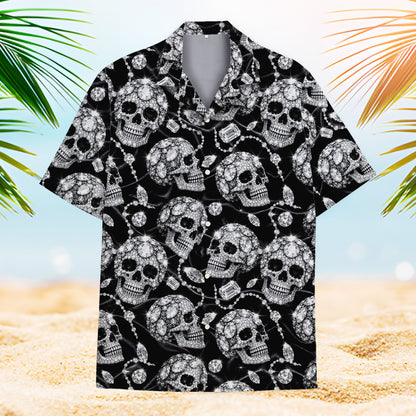 Fourth lifestyle view showing the black skull hawaiian shirt in action