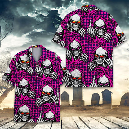 Fifth lifestyle view highlighting the pink and purple hawaiian shirt