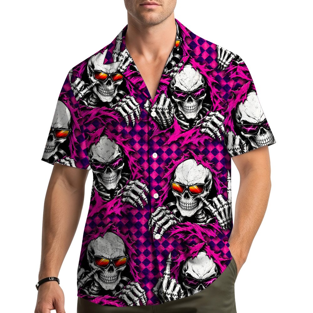 Lifestyle view of a person wearing the pink skull hawaiian shirt