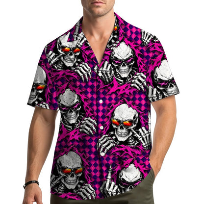 Lifestyle view of a person wearing the pink skull hawaiian shirt