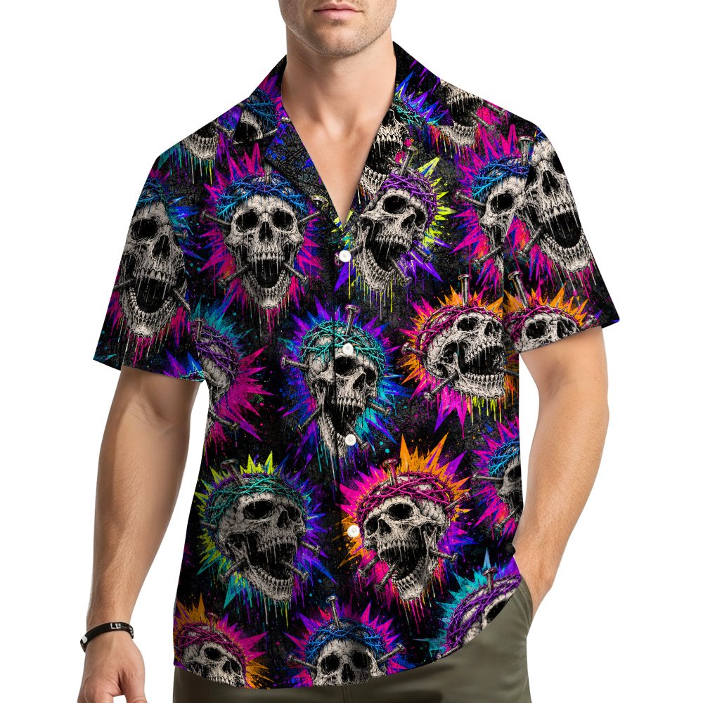 Lifestyle shot of an adult wearing the matching family hawaiian skull shirt
